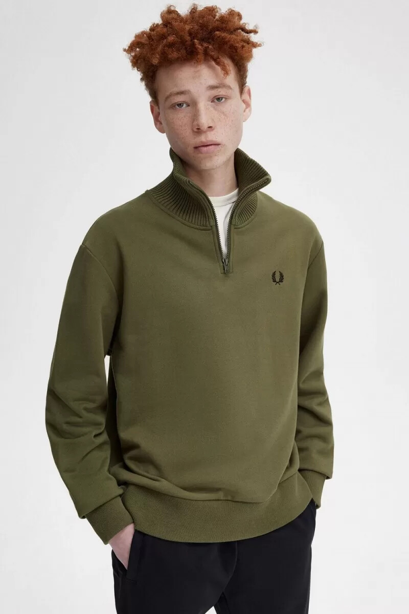 fred perry knitted trim zip neck mens sweatshirts uniform green