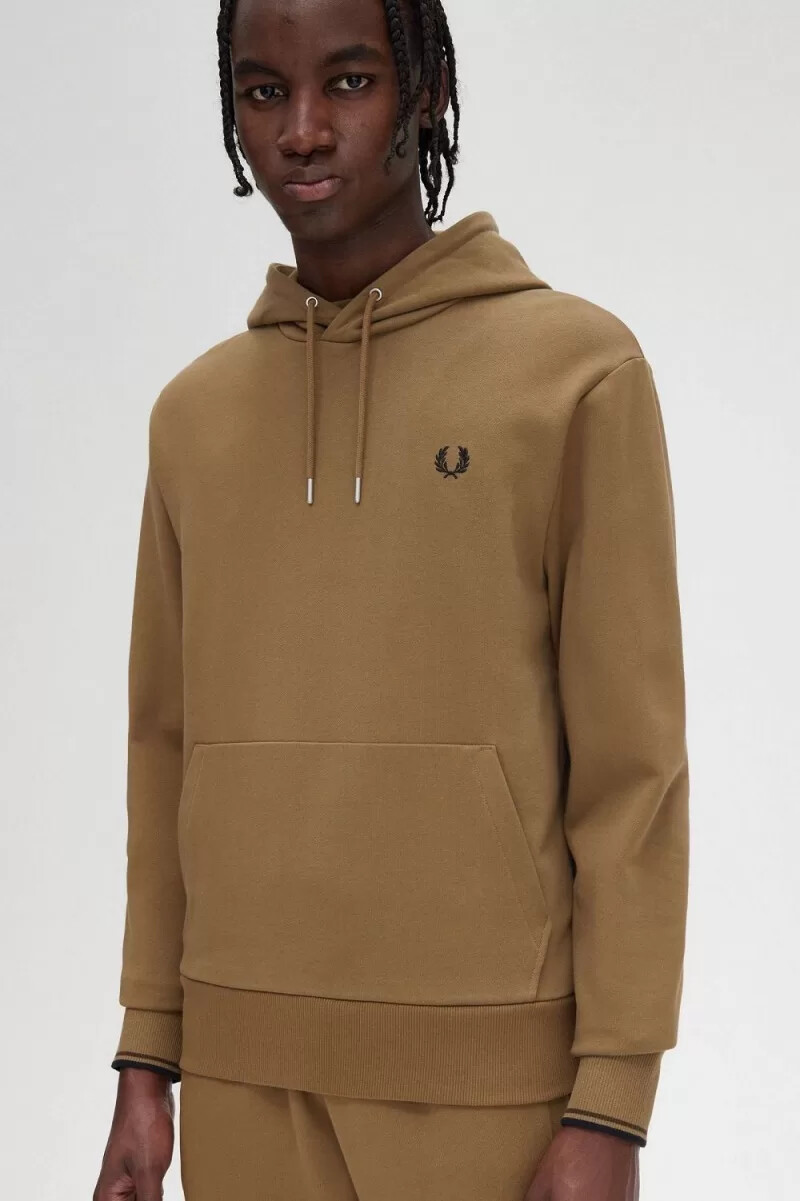 fred perry tipped hooded mens sweatshirts brown burnt tobacco