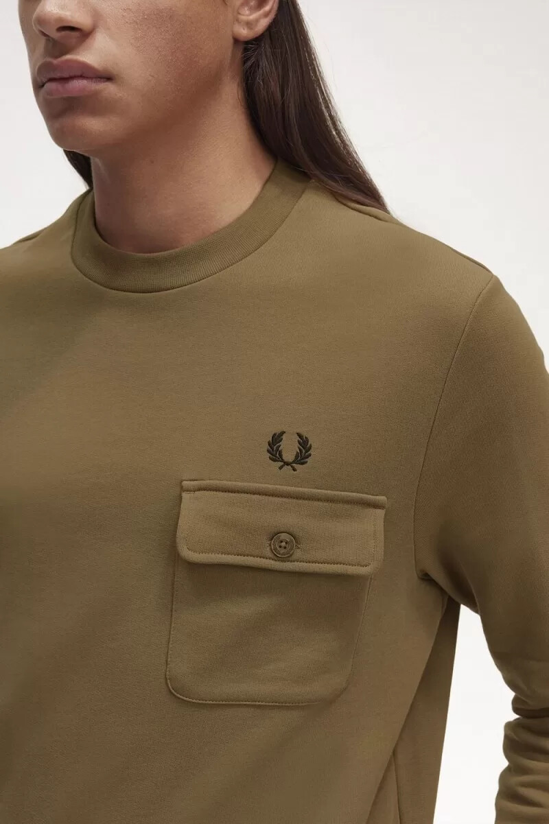 fred perry pocket detail crew neck mens sweatshirts brown