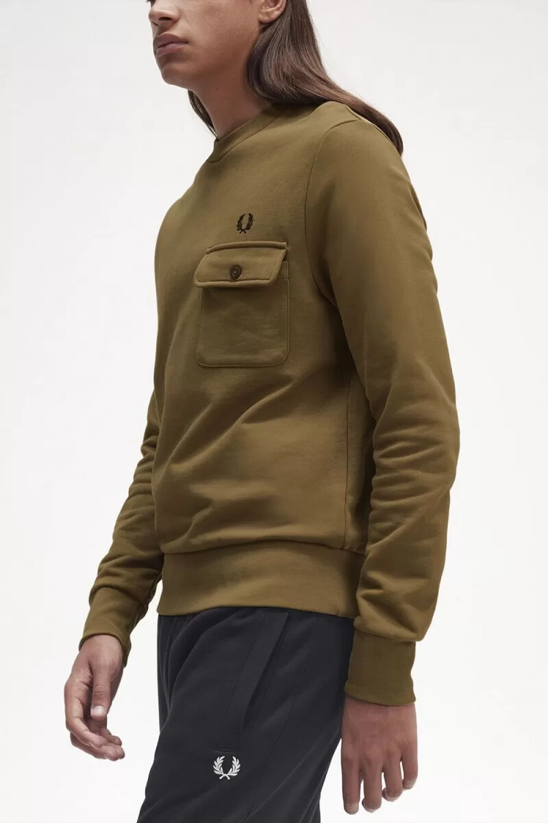 fred perry pocket detail crew neck mens sweatshirts brown