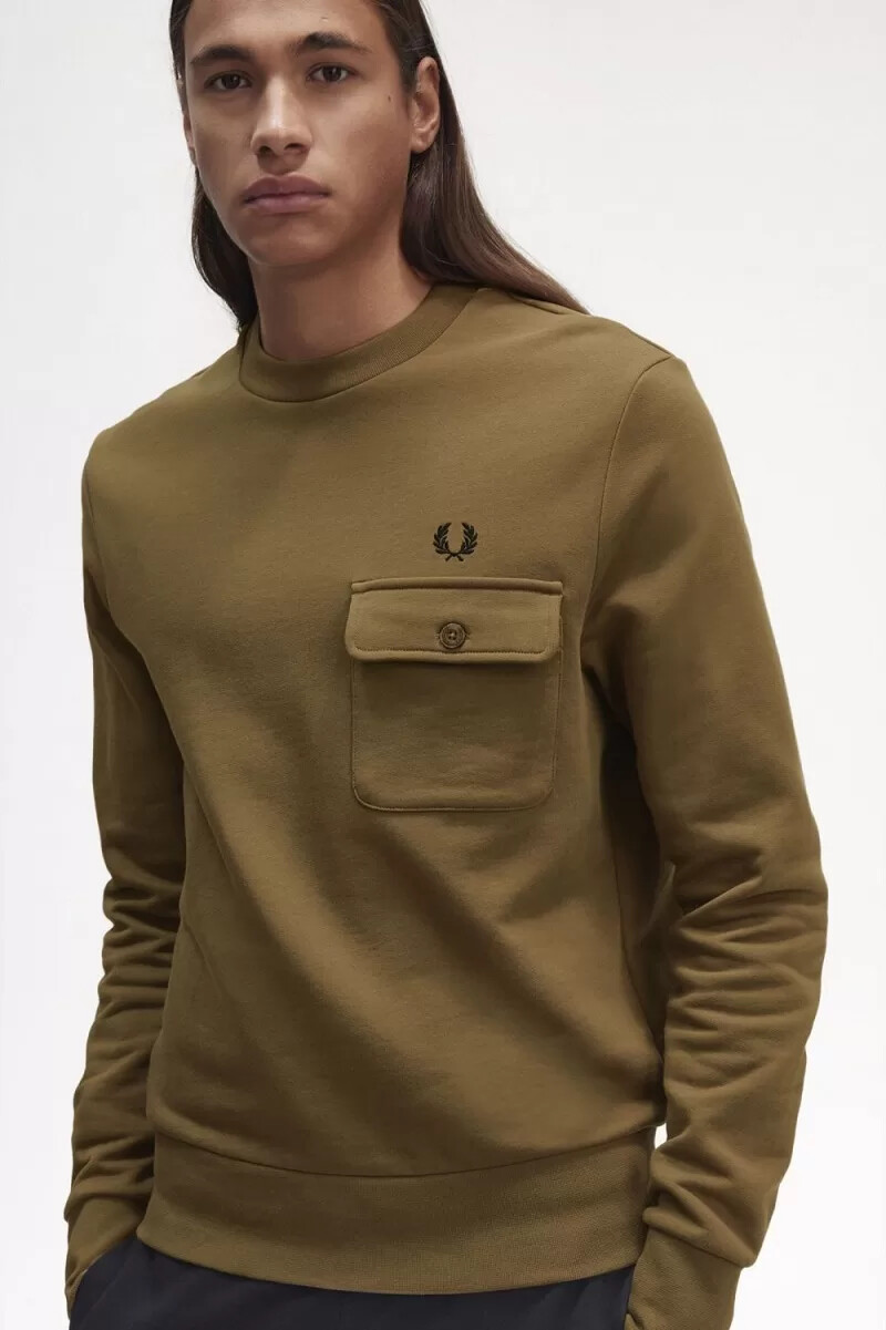 fred perry pocket detail crew neck mens sweatshirts brown