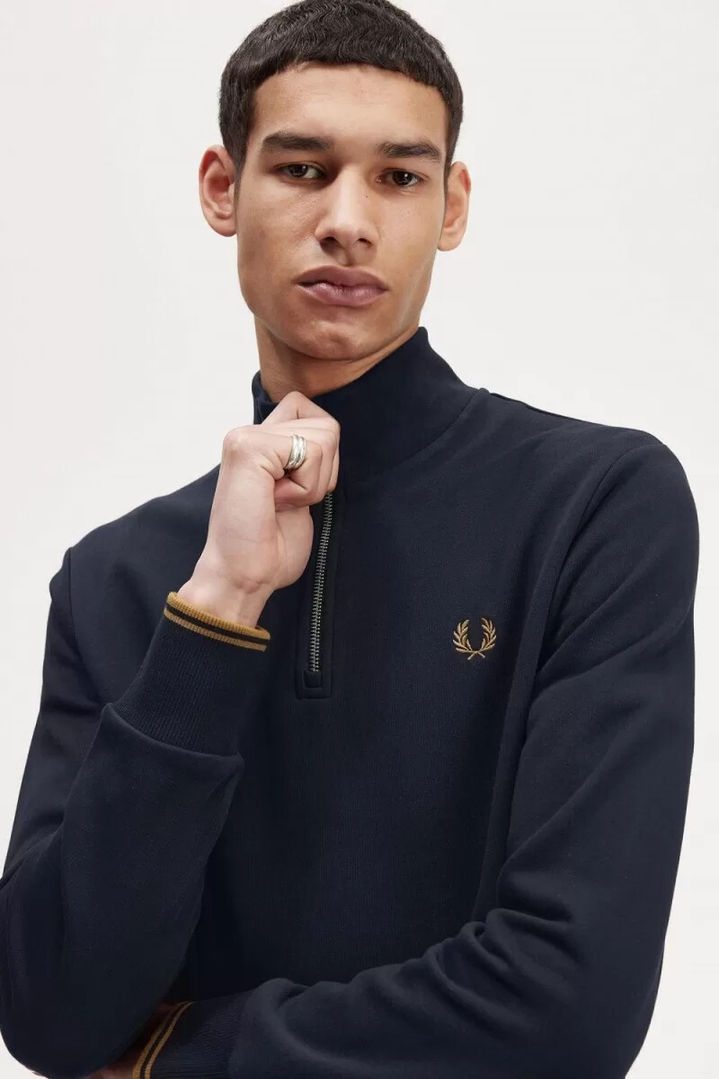 fred perry half zip mens sweatshirts navy dark coffee