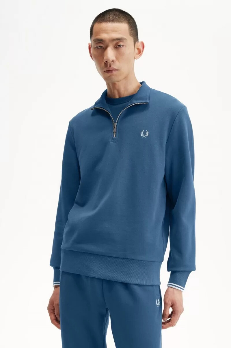 fred perry half zip mens sweatshirts midnight blue light aqua