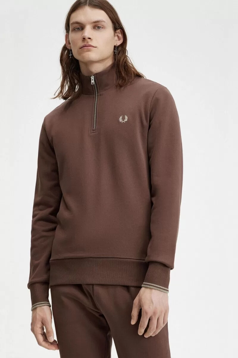 fred perry half zip mens sweatshirts dark red warm grey