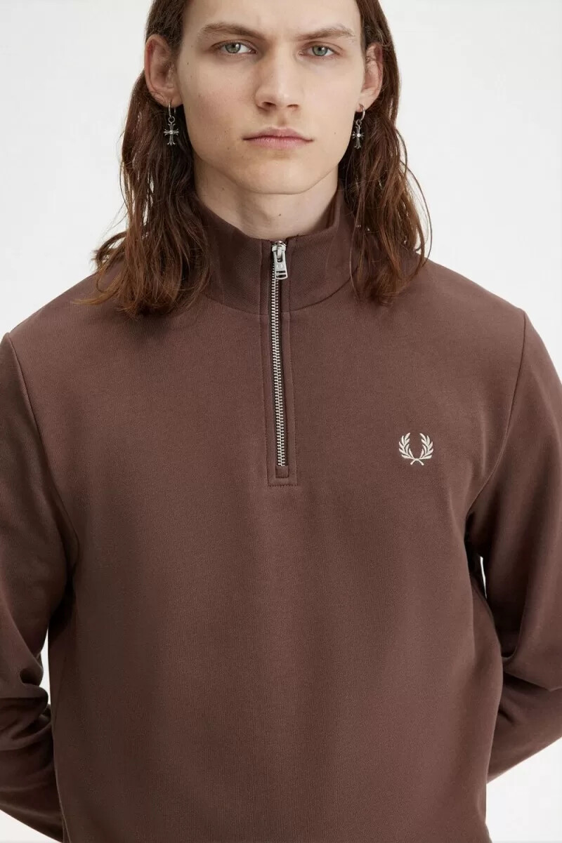 fred perry half zip mens sweatshirts dark red warm grey