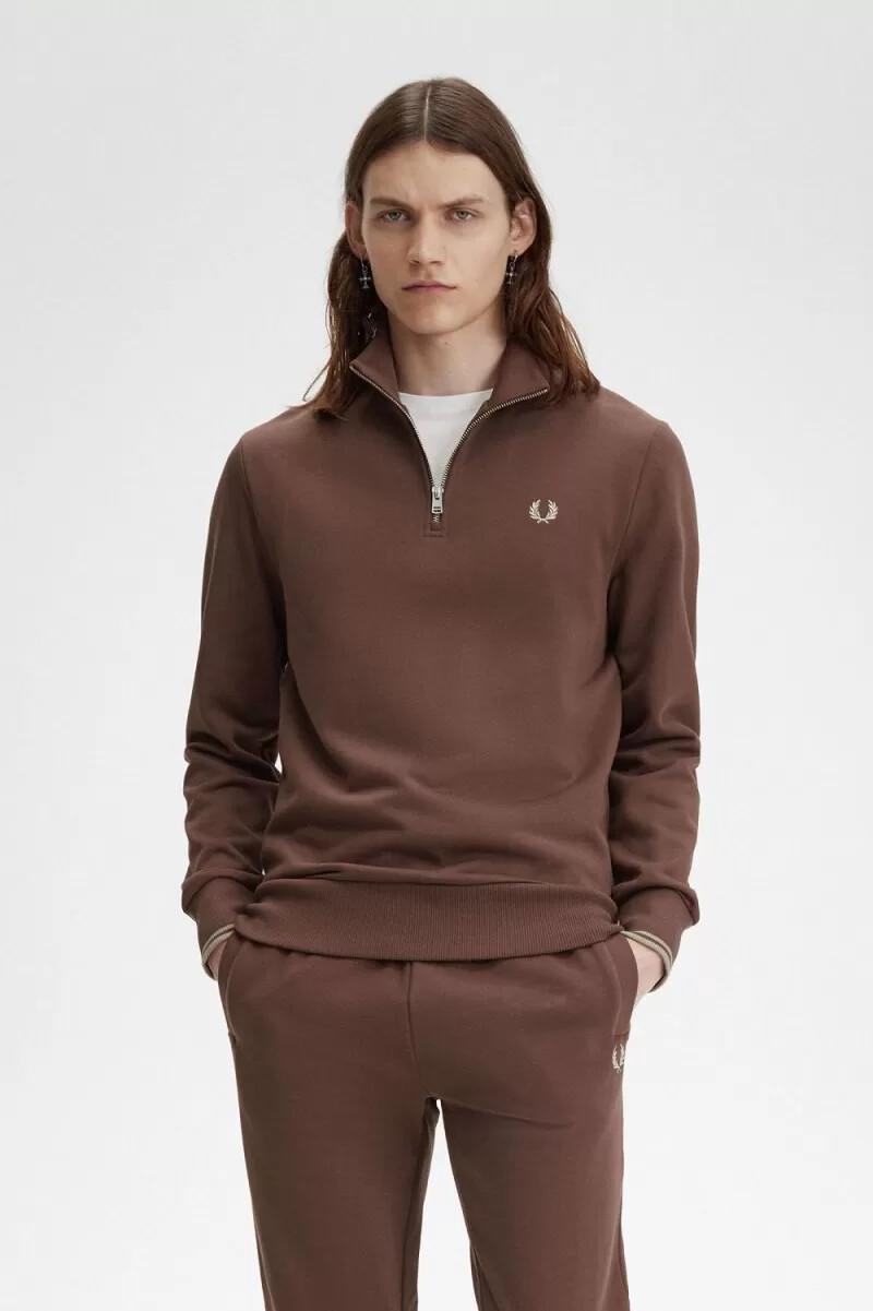 fred perry half zip mens sweatshirts dark red warm grey