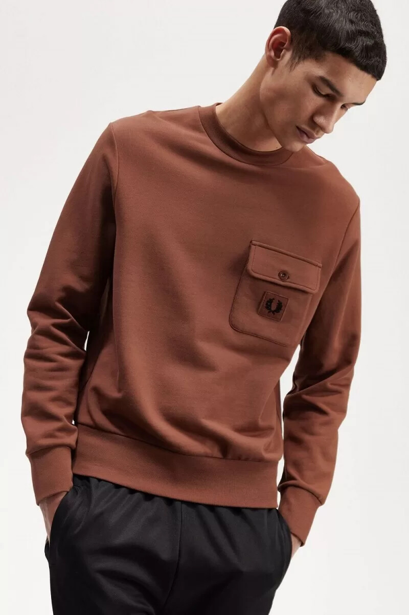 fred perry badge detail crew neck mens sweatshirts whisky brown