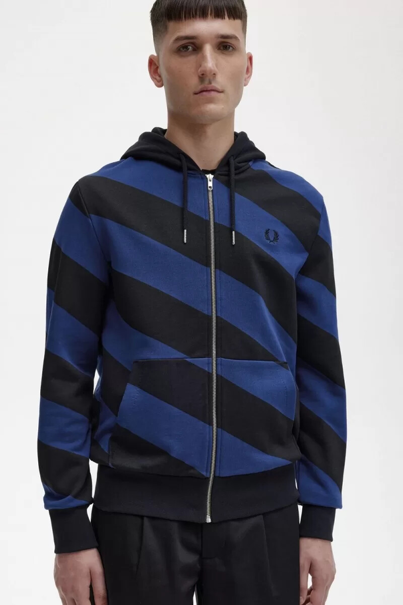 fred perry striped zip-through hooded mens sweatshirts black