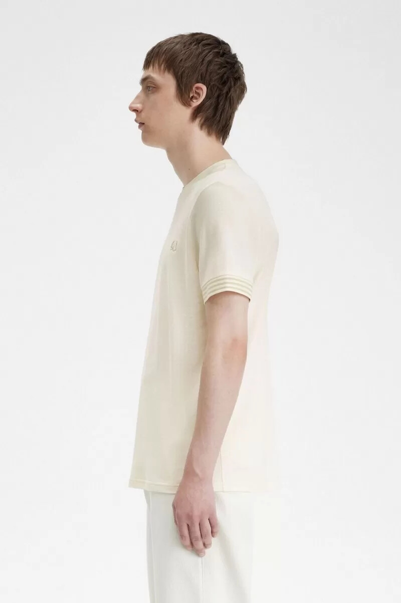 fred perry striped cuff mens t-shirt beige