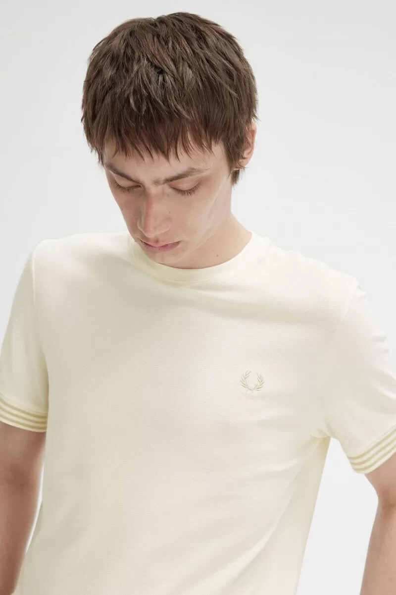 fred perry striped cuff mens t-shirt beige