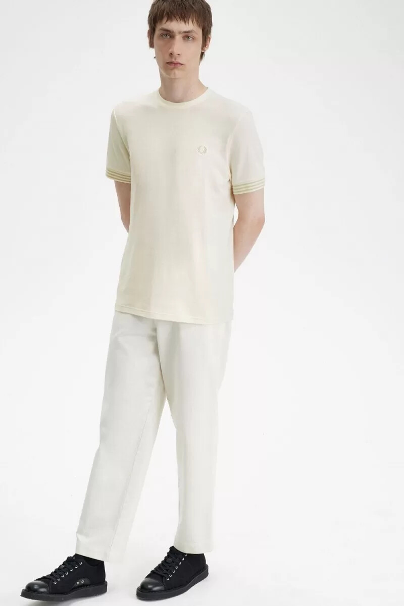fred perry striped cuff mens t-shirt beige