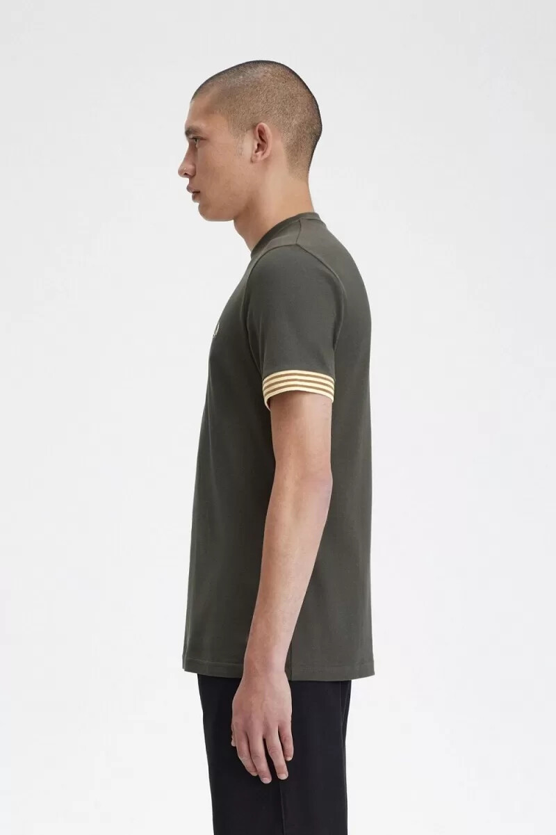 fred perry striped cuff mens t-shirt field green
