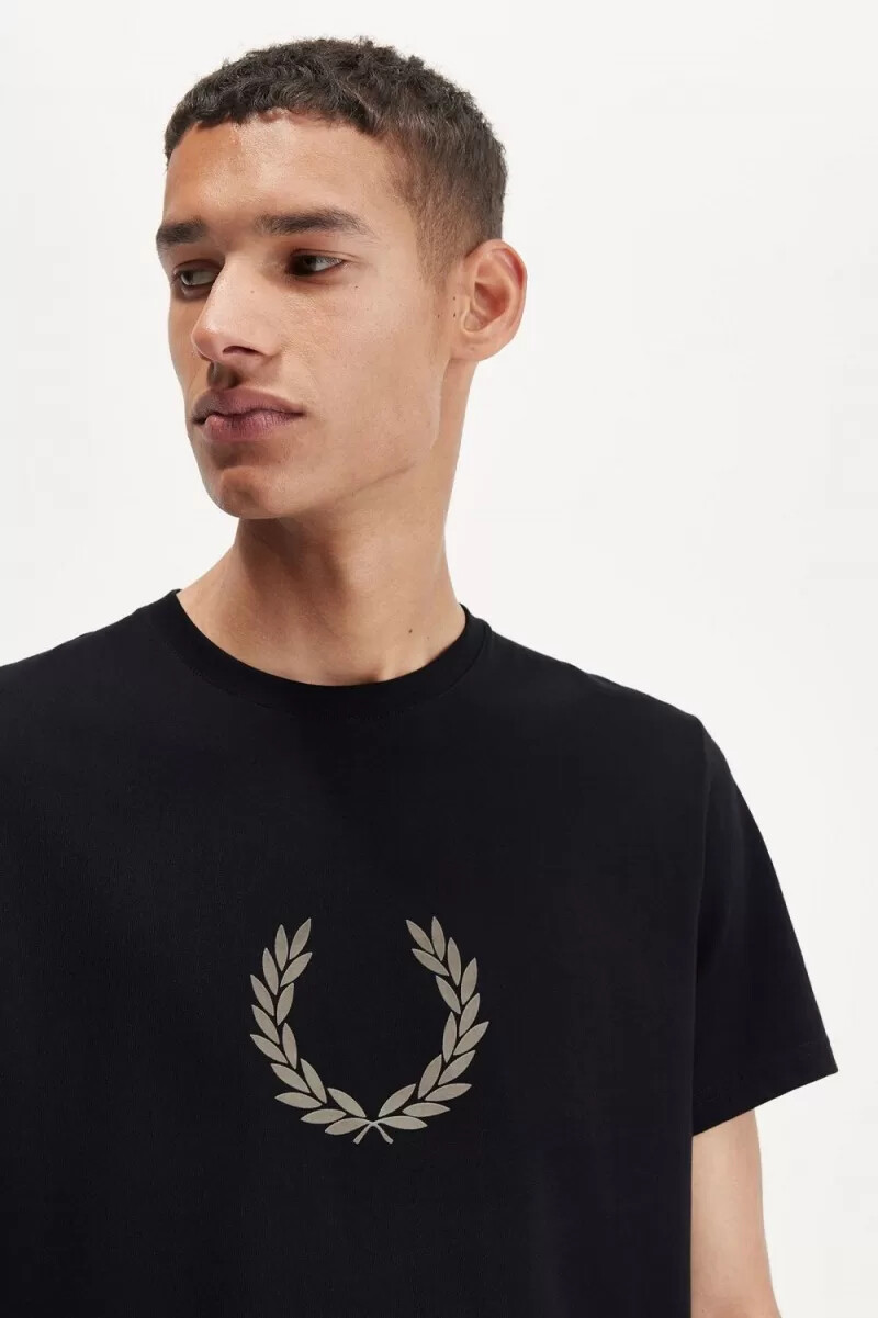 fred perry flocked laurel wreath mens t-shirt black warm grey