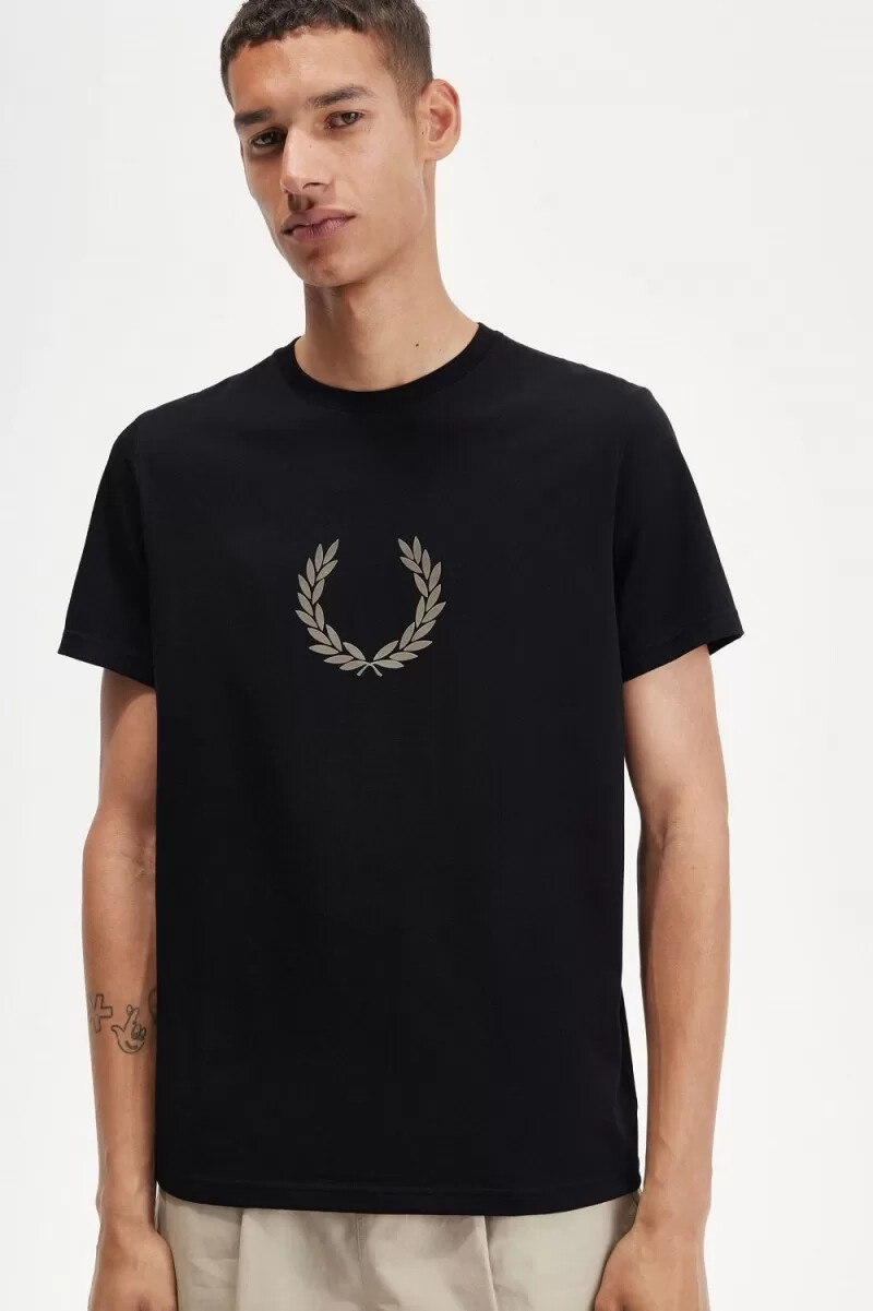 fred perry flocked laurel wreath mens t-shirt black warm grey