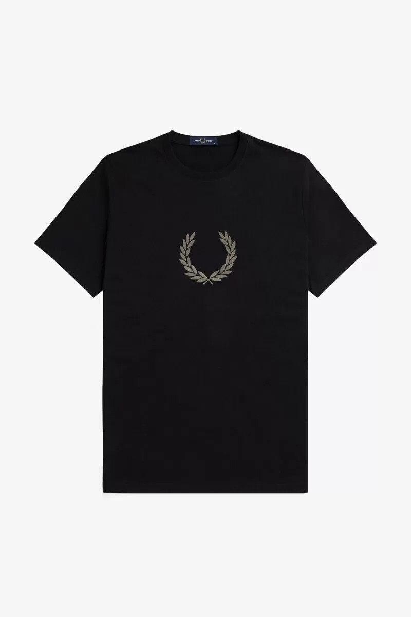 fred perry flocked laurel wreath mens t-shirt black warm grey