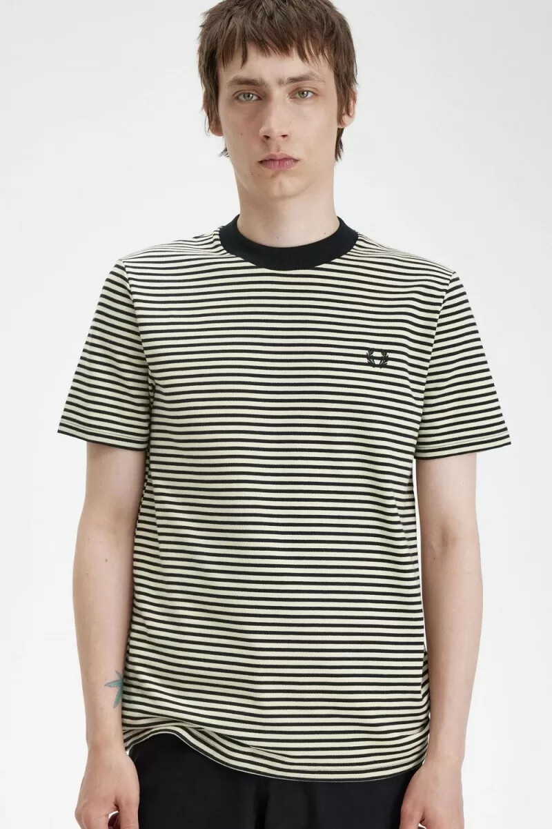 fred perry fine stripe heavyweight mens t-shirt oatmeal black