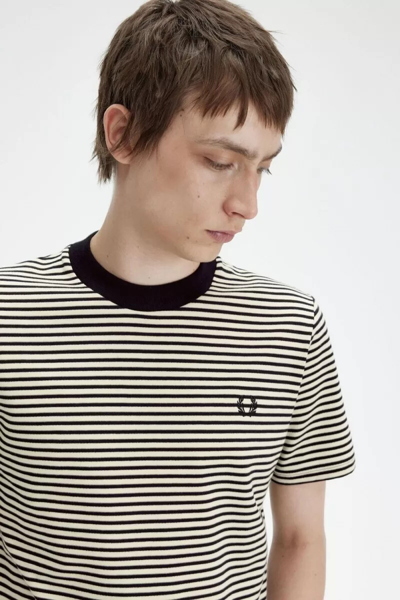 fred perry fine stripe heavyweight mens t-shirt oatmeal black