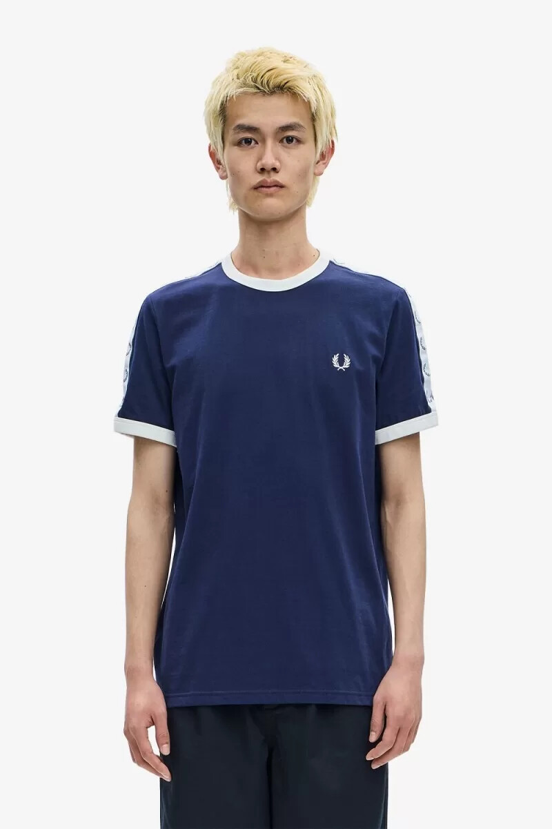 fred perry taped ringer mens t-shirt carbon blue
