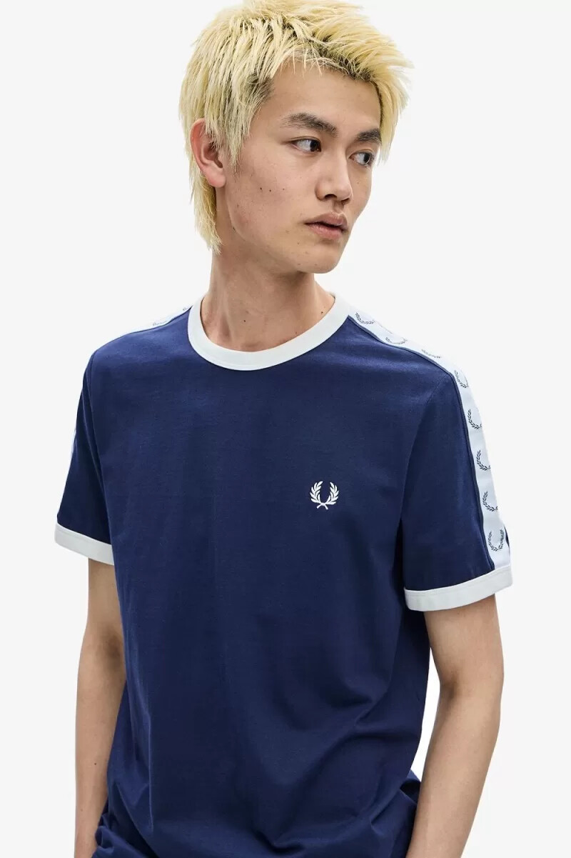 fred perry taped ringer mens t-shirt carbon blue
