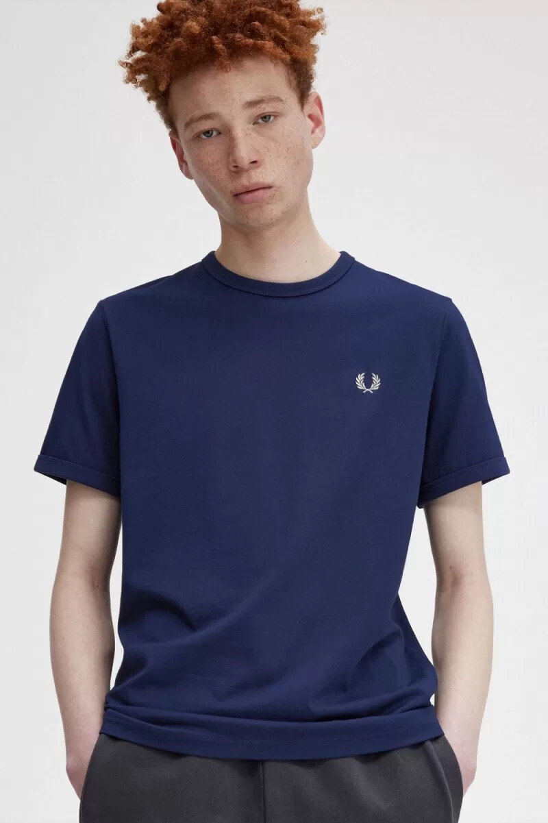fred perry ringer mens t-shirt french navy snow white