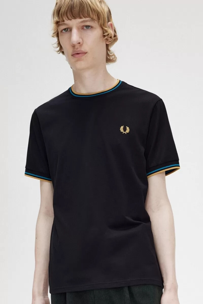 fred perry twin tipped mens t-shirt black cyber blue light rust