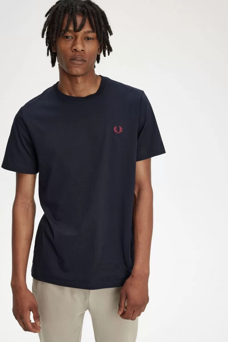 fred perry crew neck mens t-shirt navy burnt red