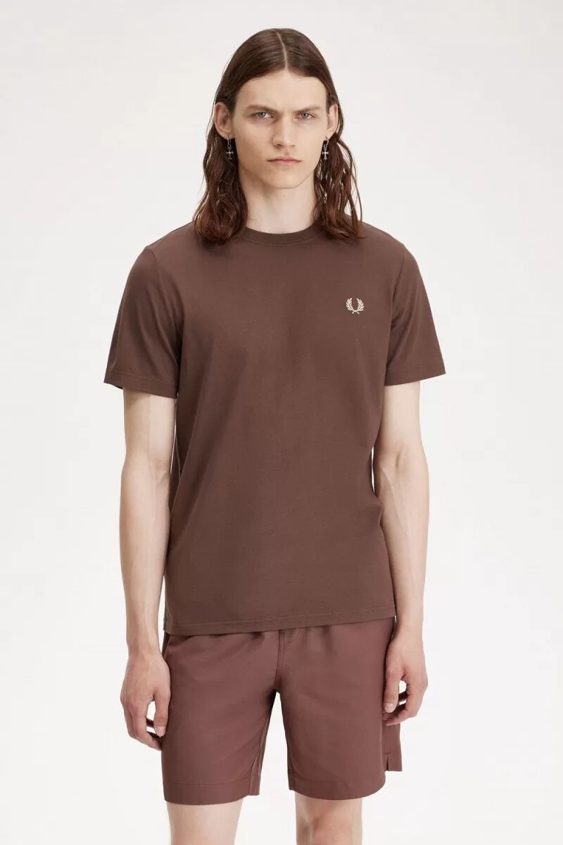 fred perry crew neck mens t-shirt dark red warm grey