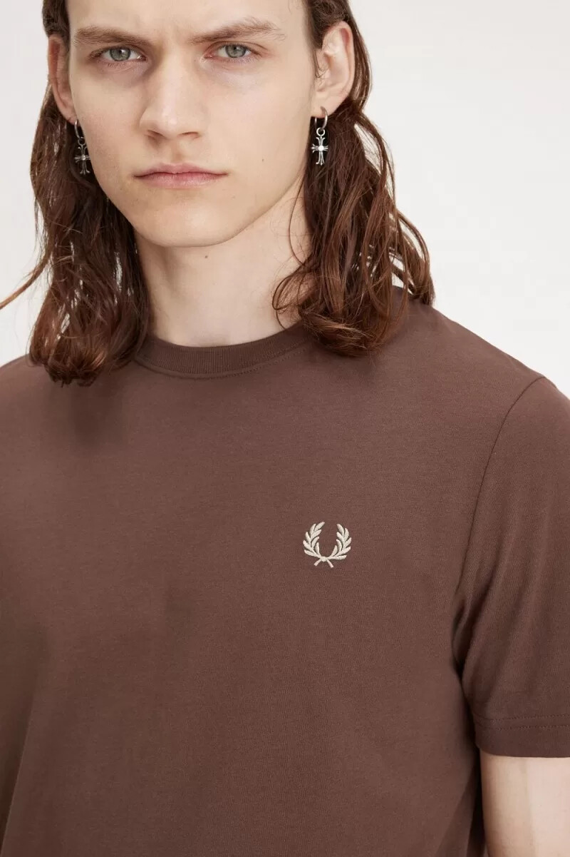 fred perry crew neck mens t-shirt dark red warm grey