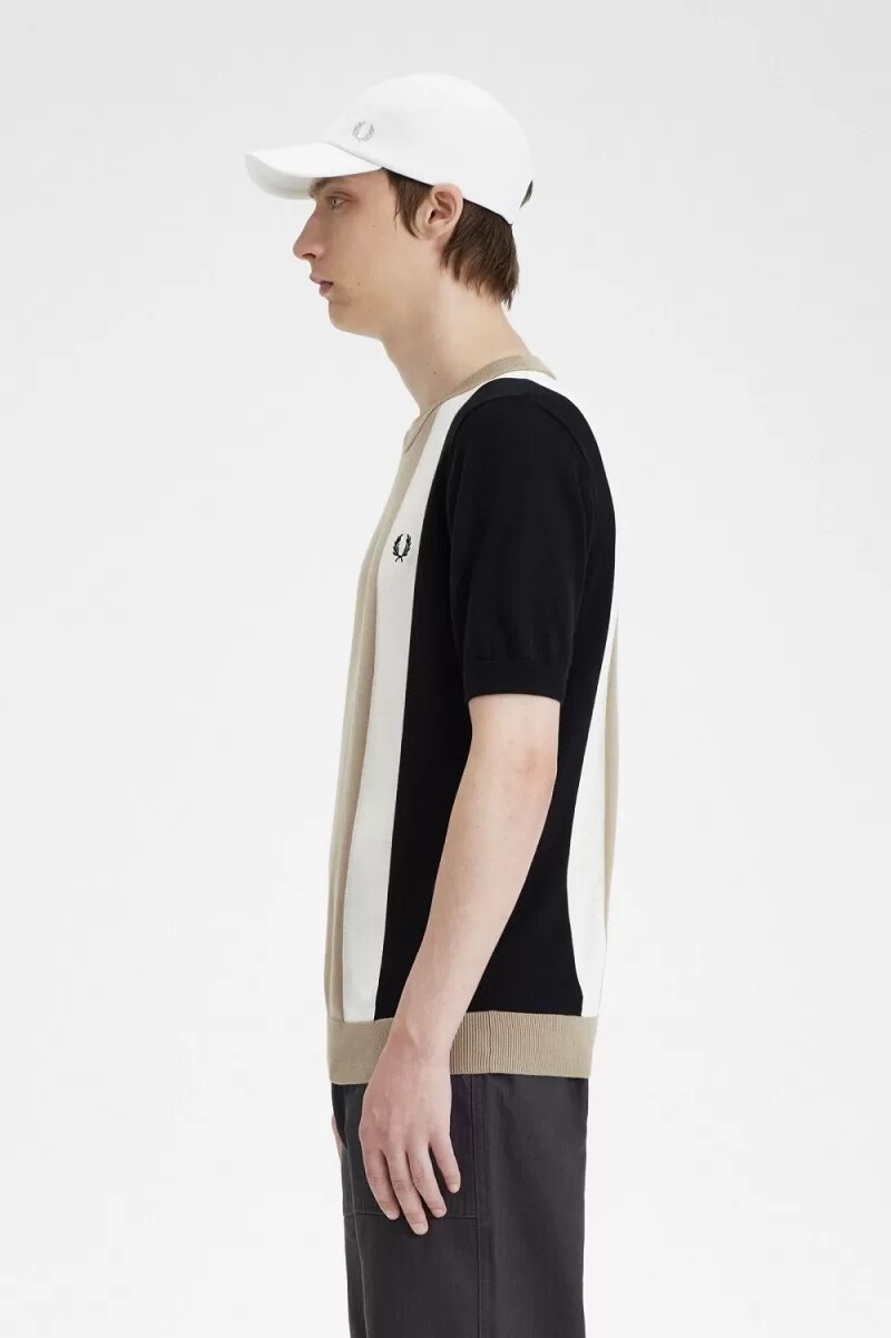 fred perry striped fine knit mens t-shirt black snow white warm grey