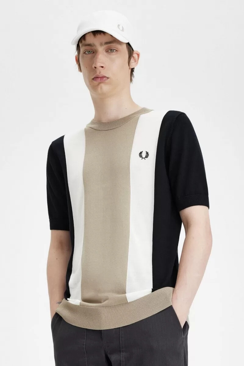 fred perry striped fine knit mens t-shirt black snow white warm grey