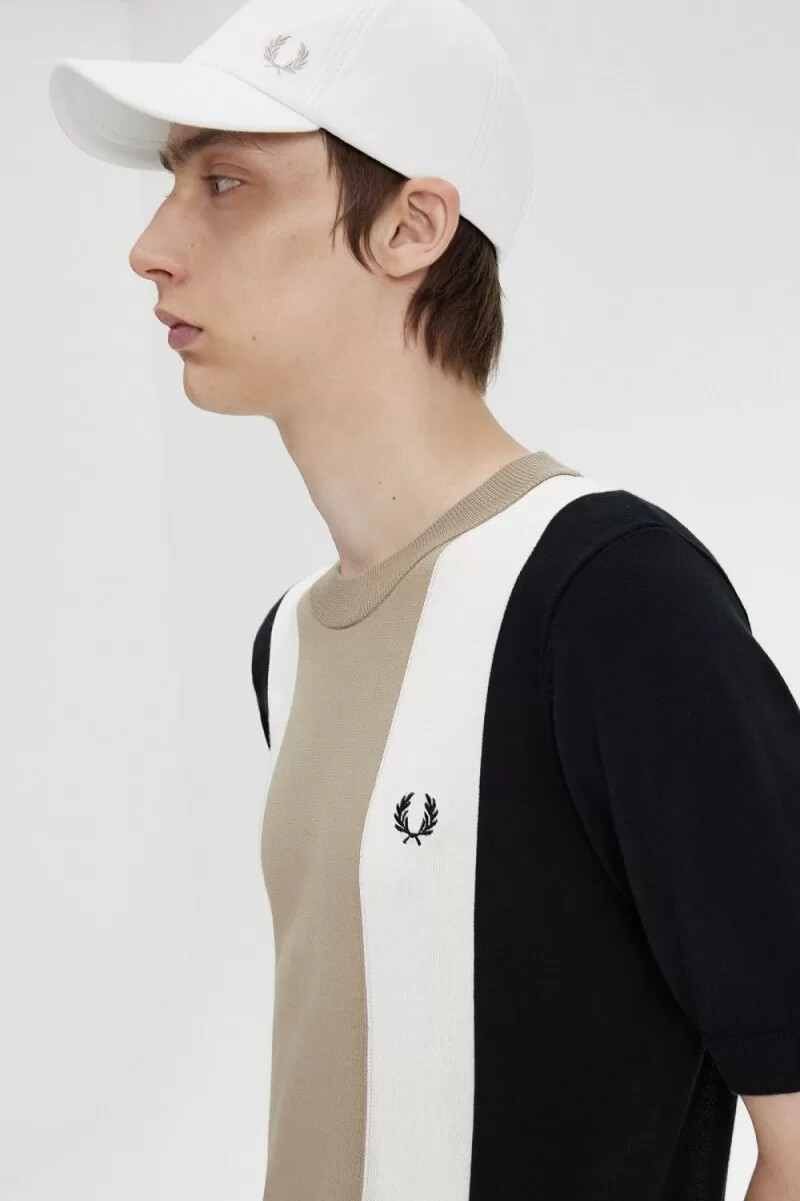 fred perry striped fine knit mens t-shirt black snow white warm grey