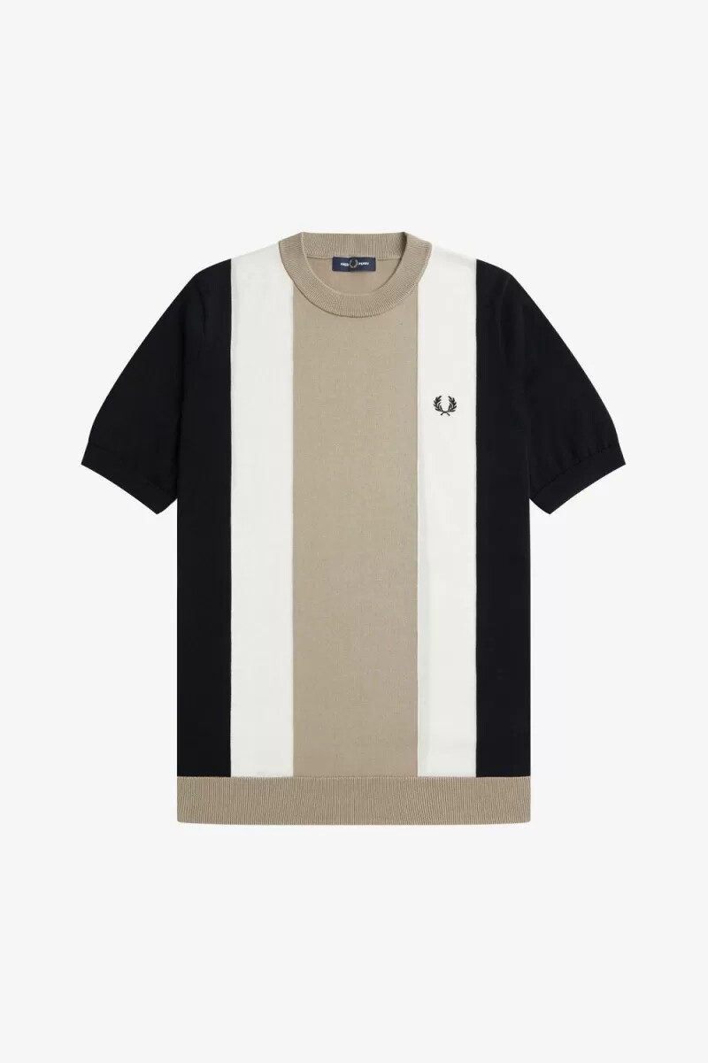 fred perry striped fine knit mens t-shirt black snow white warm grey