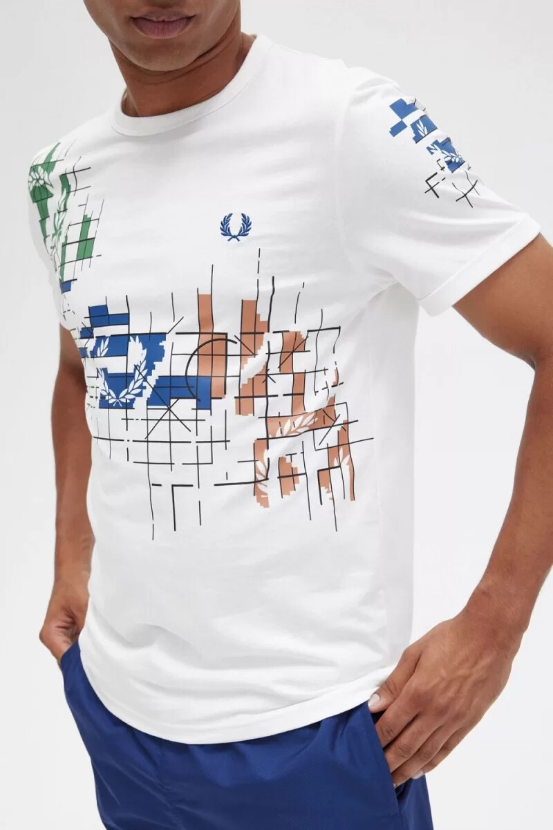 fred perry grid print mens t-shirt snow white