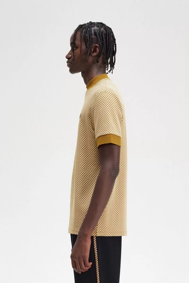 fred perry micro chequerboard mens t-shirt oatmeal dark coffee