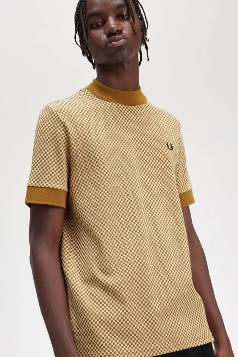 fred perry micro chequerboard mens t-shirt oatmeal dark coffee