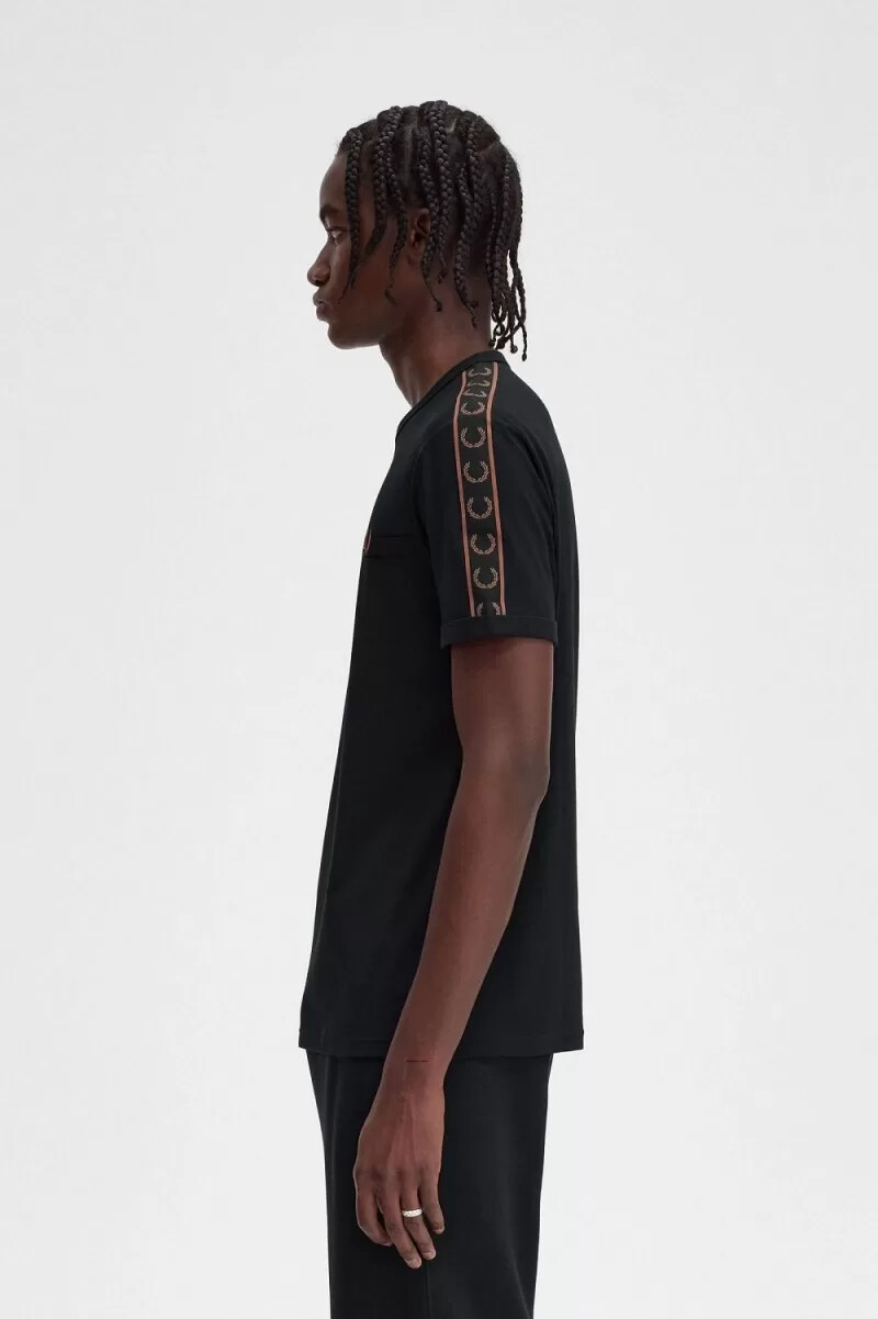 fred perry contrast tape ringer mens t-shirt black whisky brown