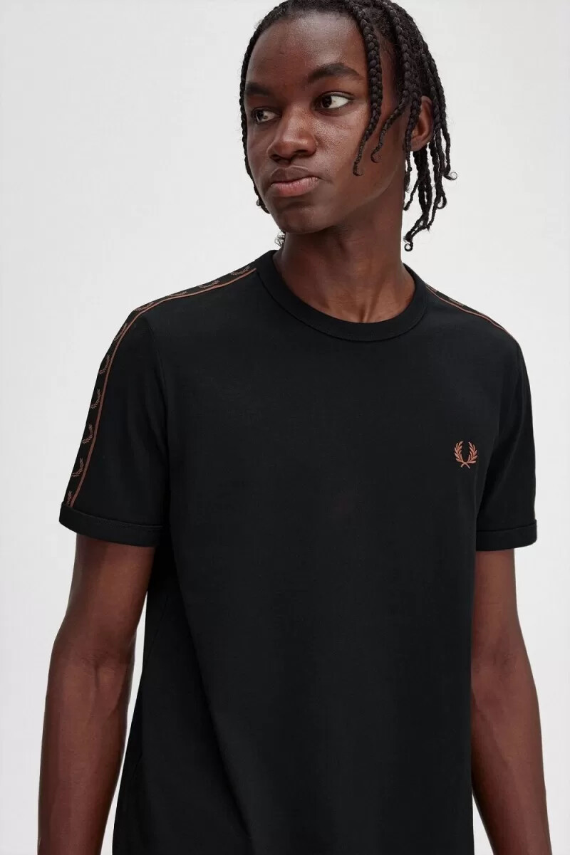 fred perry contrast tape ringer mens t-shirt black whisky brown