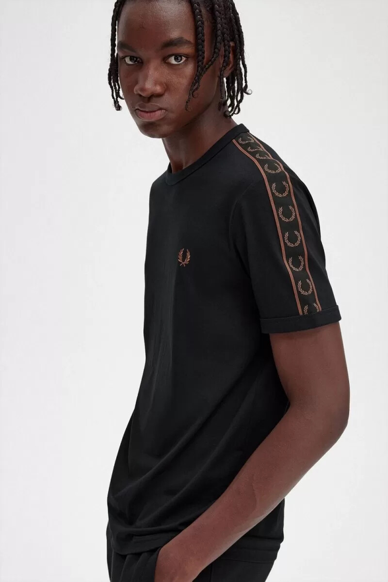 fred perry contrast tape ringer mens t-shirt black whisky brown