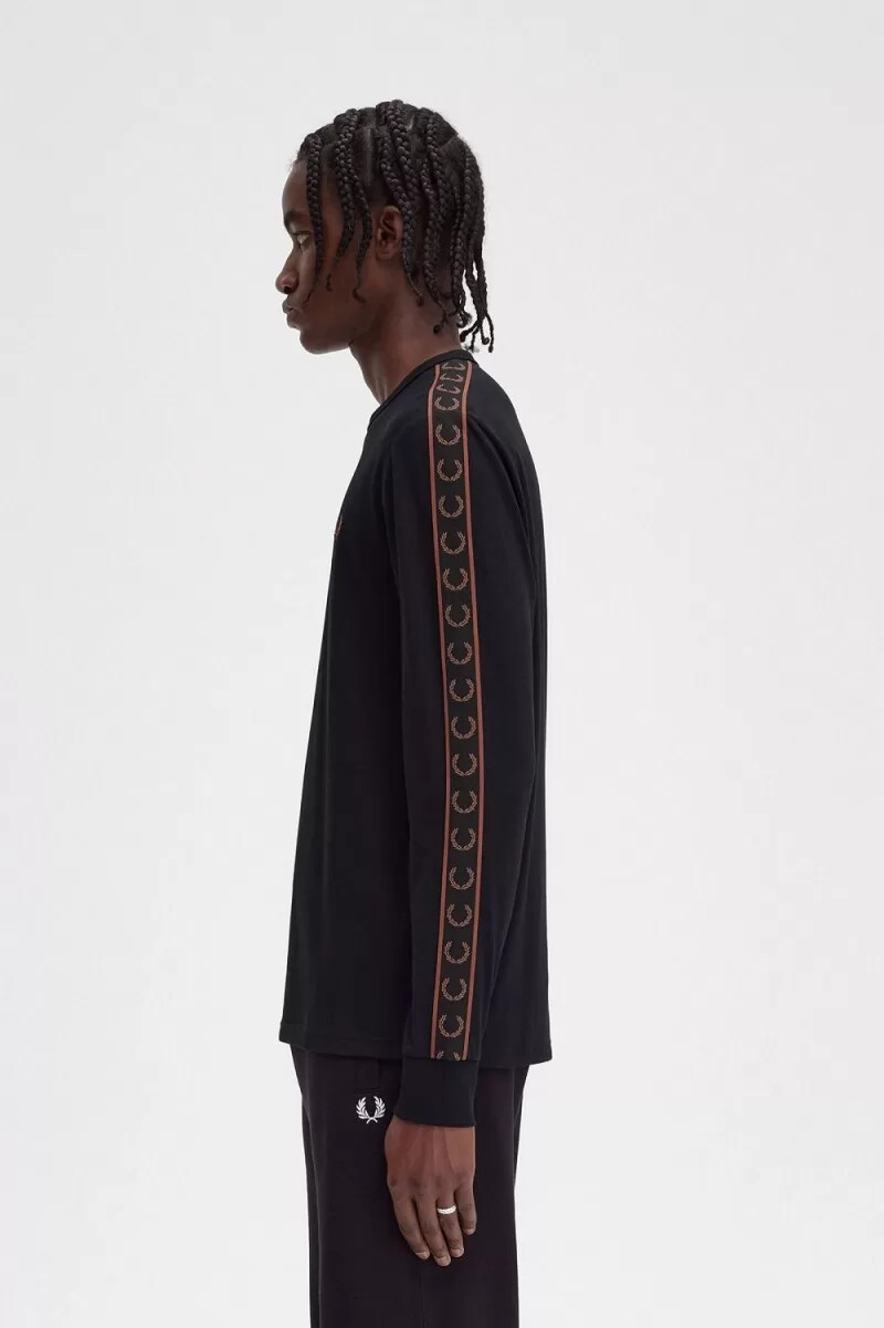 fred perry taped long sleeve mens t-shirt black whisky brown