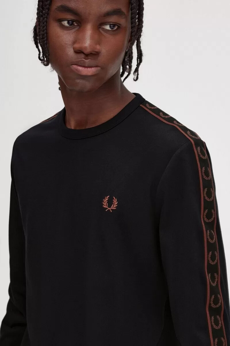 fred perry taped long sleeve mens t-shirt black whisky brown
