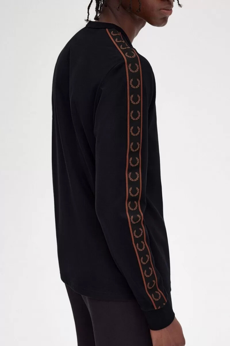 fred perry taped long sleeve mens t-shirt black whisky brown