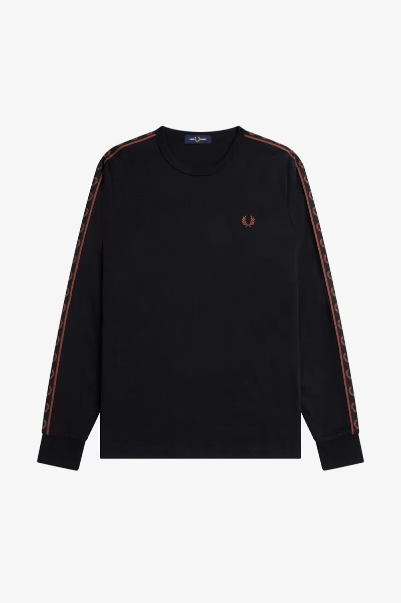 fred perry taped long sleeve mens t-shirt black whisky brown