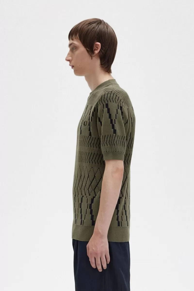 fred perry argyle panel knitted mens t-shirt uniform green