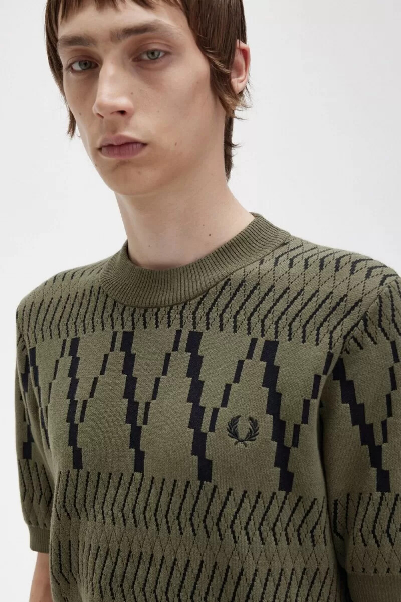 fred perry argyle panel knitted mens t-shirt uniform green