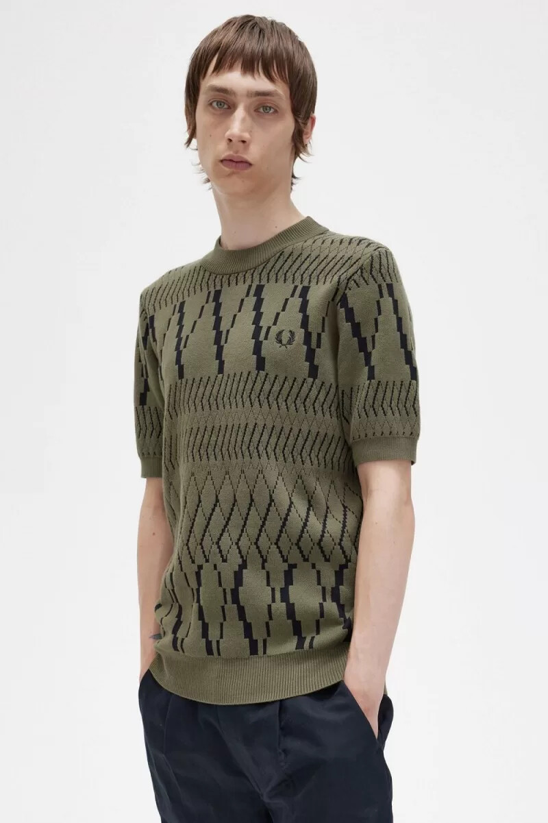 fred perry argyle panel knitted mens t-shirt uniform green