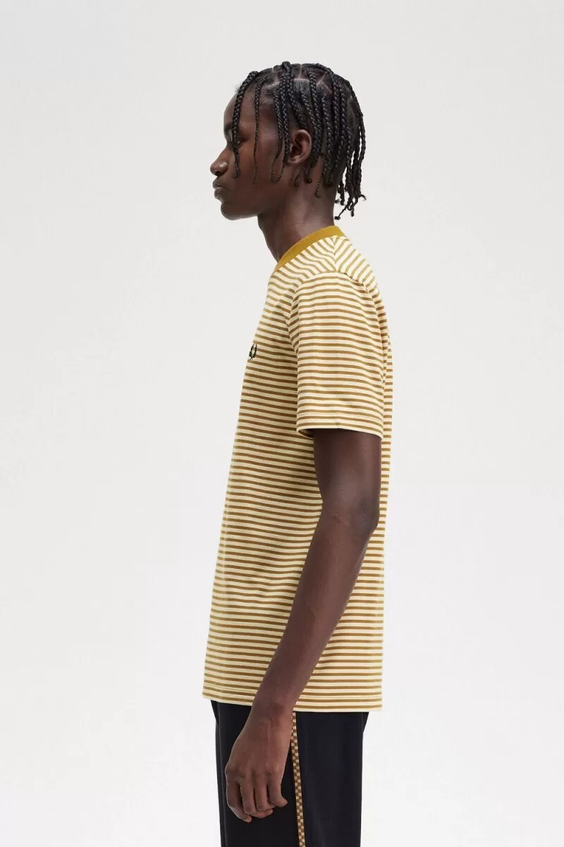 fred perry fine stripe heavyweight mens t-shirt oatmeal dark coffee
