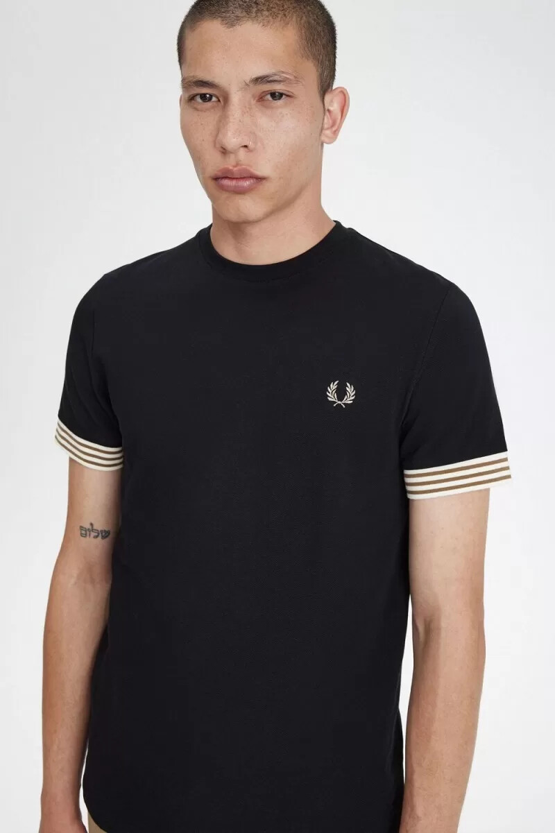 fred perry striped cuff mens t-shirt black