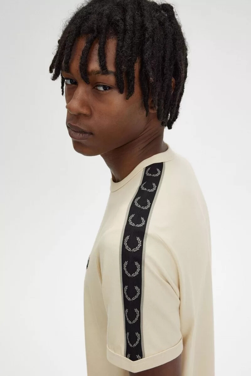 fred perry contrast tape ringer mens t-shirt oatmeal warm grey