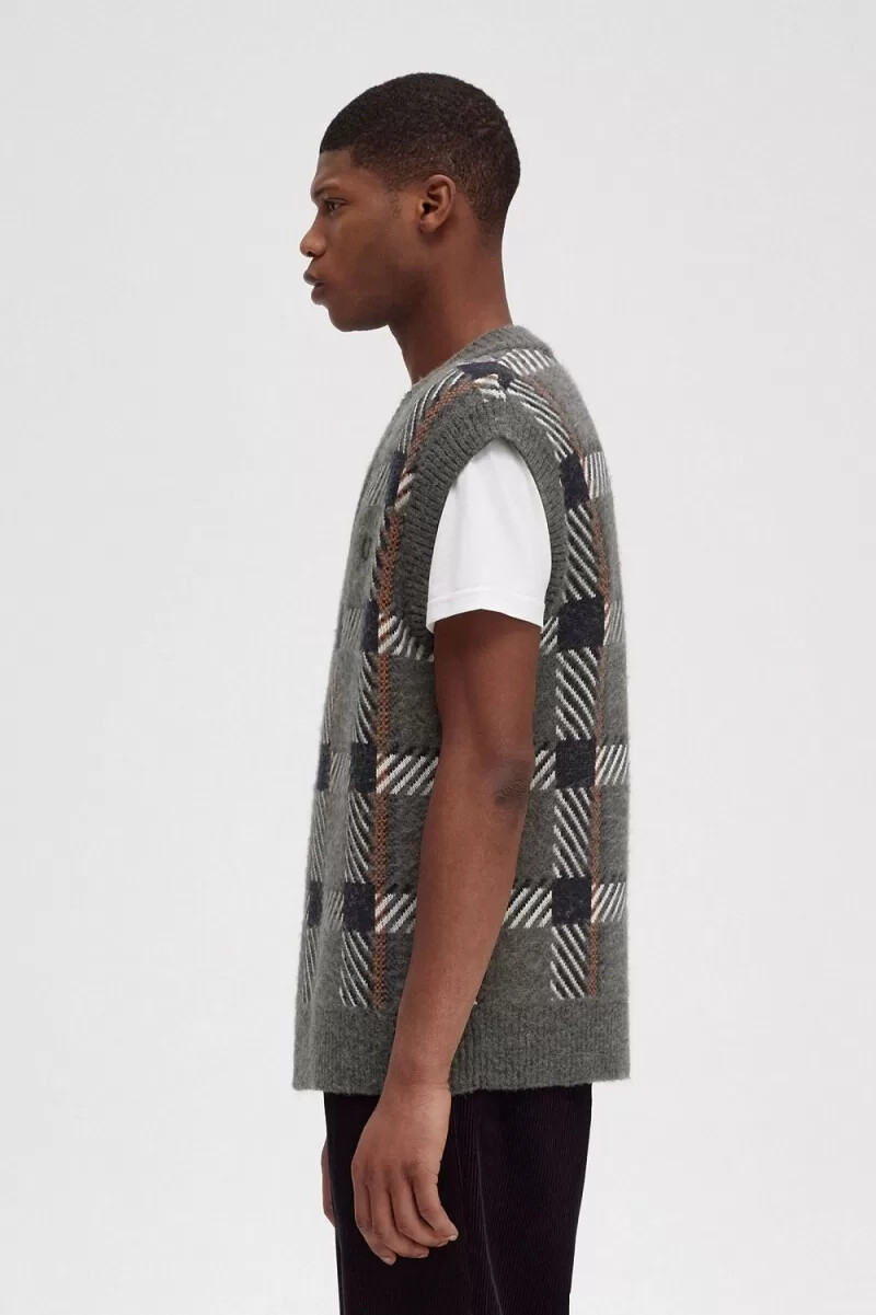 fred perry glitch tartan knitted mens tanks field green