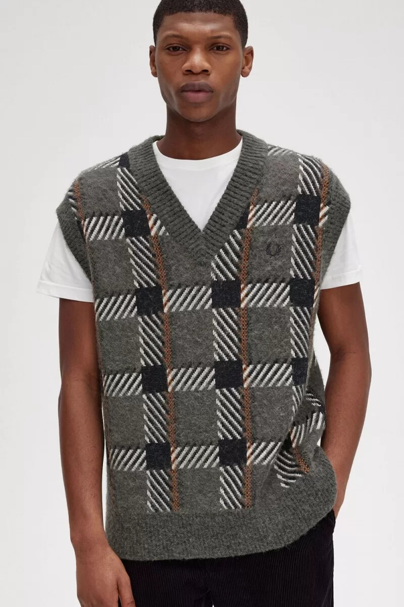 fred perry glitch tartan knitted mens tanks field green